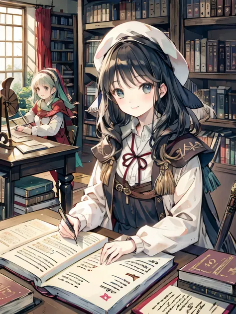 girl,(literary girl:1.2),(lots of books and bookshelf:1.3),(Writing:1.4),(quill pen:1.3),A study with an antique atmosphere in medieval Europe,(smiling and daydreaming face),focus on face