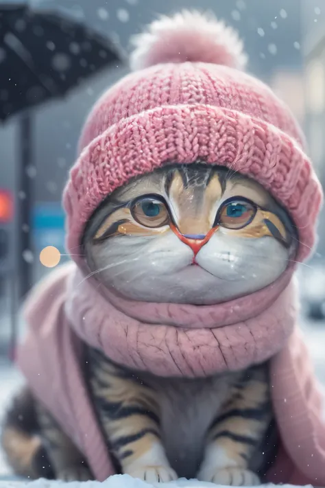 snowの日, A cute cat with round eyes is waiting for you at the bus stop, Street view, snow, No umbrellas.knitted hat