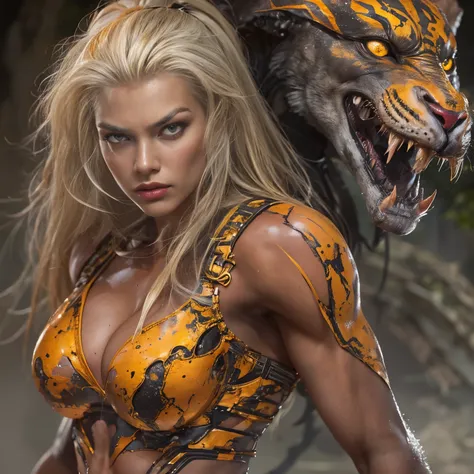 1 female alien, the predator, warrior, (extremely beautiful:1.2), (intense gaze:1.4), (predator:1.1), long dark claws, nsfw,  ni...