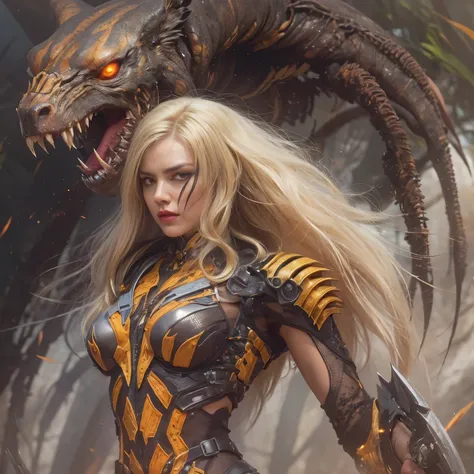 1 female alien, The predator, warrior, (extremely beautiful:1.2), (intense gaze:1.4), (predator:1.1), long dark claws, NSFW,  nipples, thick eyebrows, glowing and shining orange eyes, the most beautiful face in the universe, platinum blonde,

A woman with ...