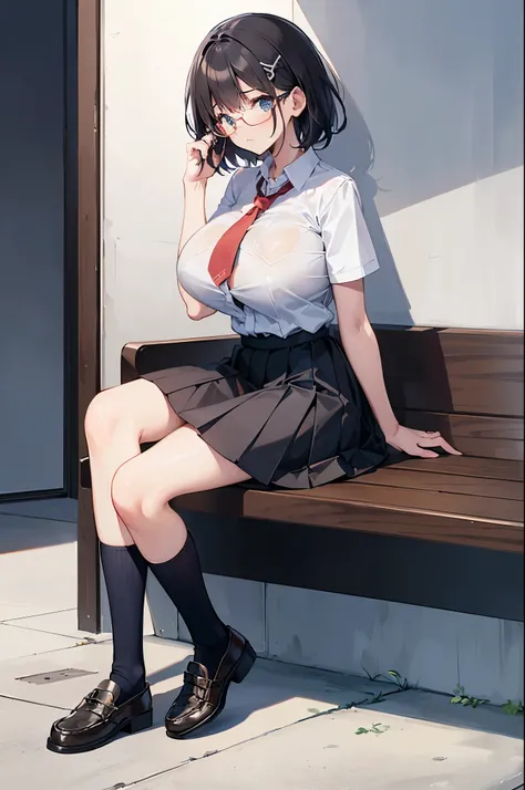 1 girl, glasses, (full body:1.2), sitting, blush, (slim body:1.2), (huge breasts:1.3), (slender and long legs:1.1), black hair, short hair, white short sleeve shirt, pleated skirt, (navy blue high socks:1.1), brown loafers, park,