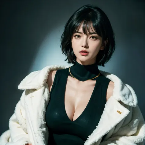 fubuki,,fubuki (One Punch Man),女性one person、one person、one person女子、beautiful face、1 girl、big breasts、elegant adult woman、beautiful woman、big breasts、dark green turtleneck、dark green knit sweater、long sleeve、gold necklace、white fur coat