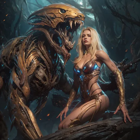 1 female alien, The predator, warrior, (extremely beautiful:1.2), (intense gaze:1.4), (predator:1.1), long dark claws, NSFW,  nipples, thick eyebrows, glowing and shining orange eyes, the most beautiful face in the universe, platinum blonde,

A woman with ...