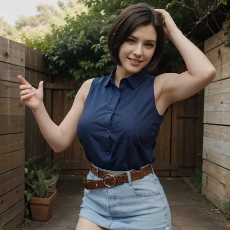 masterpiece, best quality, highres, jill valentine, black hair, short hair, large breasts, blue shirt, sleeveless, belt, black skirt, cowboy shot, standing, looking at viewer, outdoors, waving, smile, open mouth,