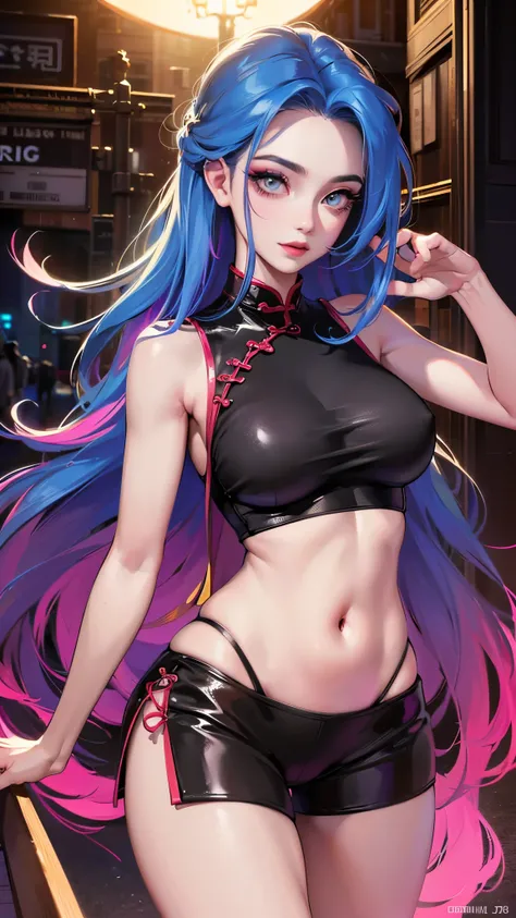 Jinx, Fleshy thighs, Instagram pose，Dynamic angle, Show armpits, ((Cheongsam)), C cup, Happy expression, (Entire body image:1.5), (8K, Best quality, A high resolution:1.35), (RAW photo:1.2), (Photorealistic:1.37), (Masterpiece: 1.25), Dramatic lighting, Ph...