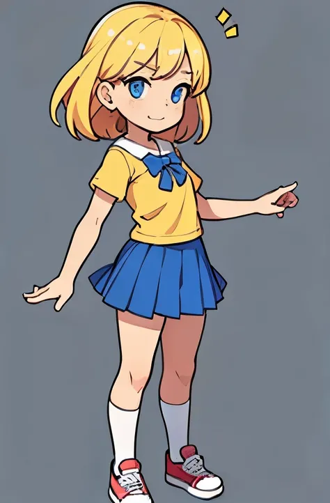 ((character introduction photo Aline)), 10 year old girl, she has long light blonde hair, big blue eyes, ((very expressive face)), (((very cute))), ((small stature) ), she wears a blue school skirt and a yellow and red t-shirt, white socks and red sneakers...