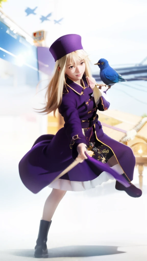 a woman in a purple coat and hat is holding a blue bird, anime style like fate/stay night, fate / stay night, shikamimi, a-1 pic...