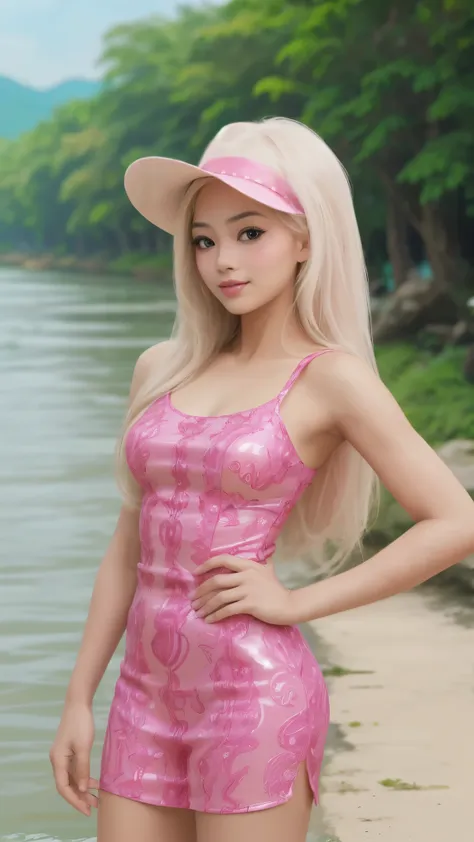 a beautiful malaysian girl, pink barbie dressup, tanned skin, river background, heavenly environment, model pose