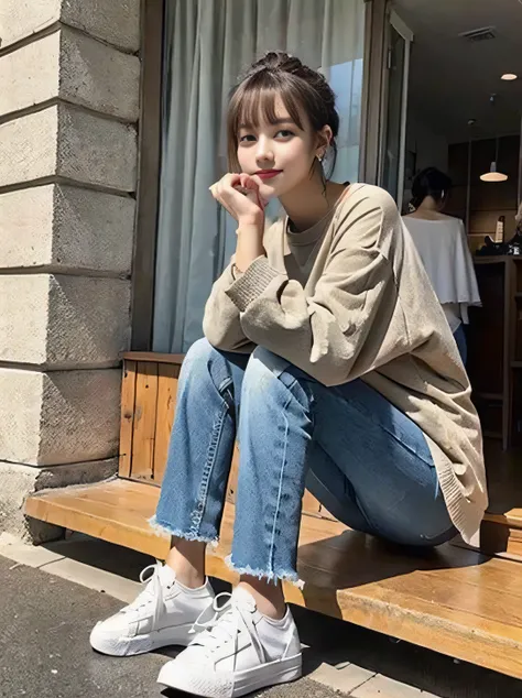 beautiful woman sitting in a coffee shop、long sleeve blouse、skinny denim、sneakers、ear piercing、hairstyle braid、、full body photo