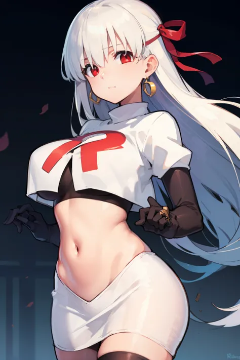 fgokama, kama, hair ribbon, (red eyes:1.5), red ribbon, ribbon, long hair, white hair,
BREAK earrings, jewelry, ring, team rocket,team rocket uniform,white skirt,red letter R,crop top,black thigh-highs,black elbow gloves
BREAK looking at viewer,
BREAK (mas...