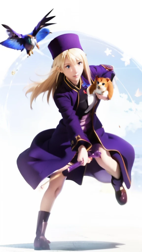 a woman in a purple coat and hat is holding a blue bird, anime style like fate/stay night, fate / stay night, shikamimi, a-1 pictures, marisa kirisame, alchemist girl, fate stay night, ueshiba riichi, official artwork, touhou character, shuushuu anime imag...