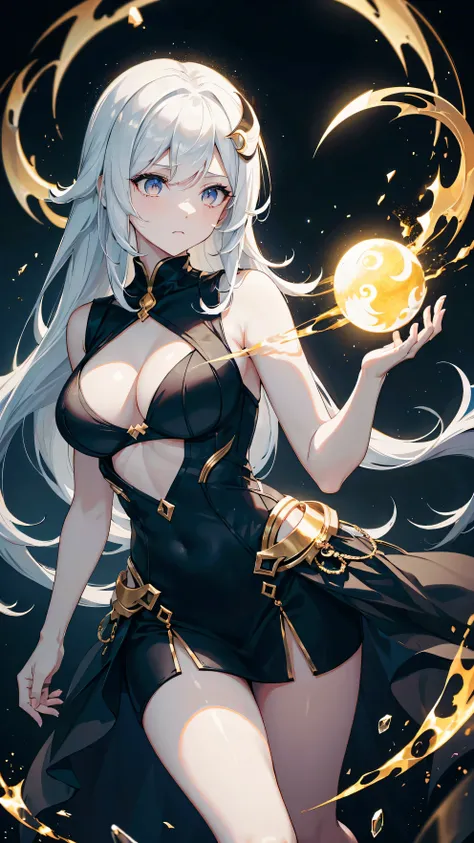 Woman, wearing the left side of the shirt which is black and has a crescent moon pattern and the right side is gold with a golden sun pattern, her left hand holds a dark purple black ball And resembling a black hole, the right hand holds a golden ball with...