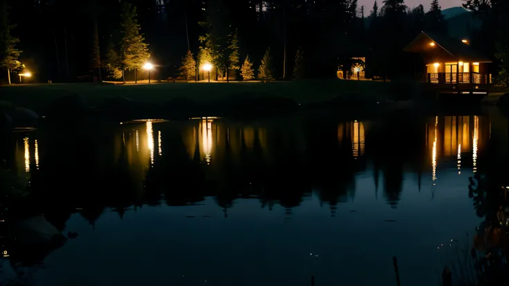 nighttime view of a lake with a cabin and lights reflecting in the water, nighttime foreground, outdoors at night, dimly lit scene, nighttime nature landscape, scenic view at night, night time photograph, at night with lights, beautifully lit landscape, ni...