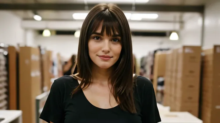 Clothing: Black T-shirt, Heels. Appearance: pretty woman, natural makeup, closed mouth smirk. Hair: long hair, shiny smooth brown hair, asymmetrical side-swoop bangs.