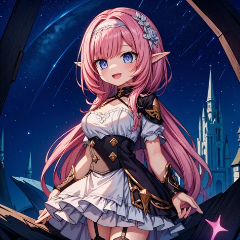 a girl，best picture quality，long pink hair，short jacket，lace headband，short skirt，With a smile，Blue-pink pupils，Elf-like ears，collapse（series），High up in the mountains，under the stars，best quality，waves，for the audience，vivid pupils，Bangs，Chest：d，white gar...