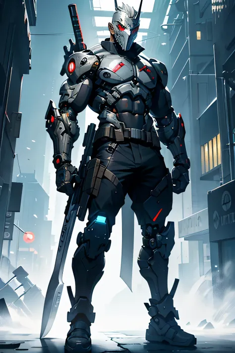 Full body, a cyborg warrior carry a huge axe at his back and a machine gun in his right hand, wearing a nicely design mask on his face,