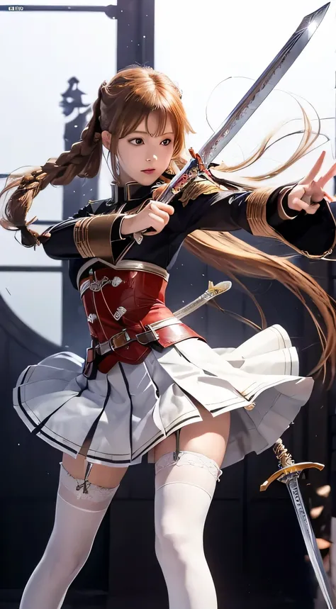 ((RAW image quality:1.4)), Asuna Yuki(Sword Art Online), dynamic angle, long bronze hair,Braid,brown eyes,fine eyes,big chest line,roll forward,armature,chest flap,long sleeve white shirt,removed sleeve,red and white skirt,pleated skirt,lively,Her thin leg...