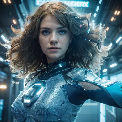 (Ultra-detailed eyes), ((very sharp photo result & detailed face)) (((textile shading))), (((Best Quality))), (((masterpiece))), (((Ultra-detailed CG))), backlight shoot caucasian 35-year old fantastic four invisible woman, (((classic sci-fi suits with "4"...