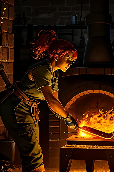 A blacksmith woman with four arms, each wielding a hammer, aggressively strikes an anvil in her dimly lit workshop. The room is saturated with heat emanating from an oversized oven in the background, casting a radiant, orange glow throughout the environmen...