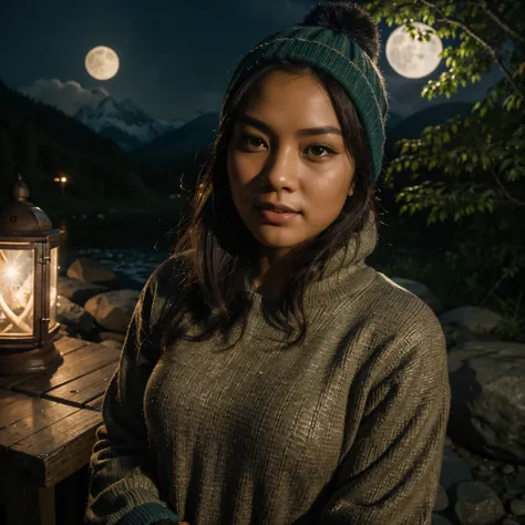 photorealistic, best quality, hyper detailed, beautiful malay malaysian woman, selfie photo, upper body, solo, wearing pullover, 3 different style and cloths ,outdoors, (night), mountains, real life nature, stars, moon, (cheerful, happy), sleeping bag, glo...