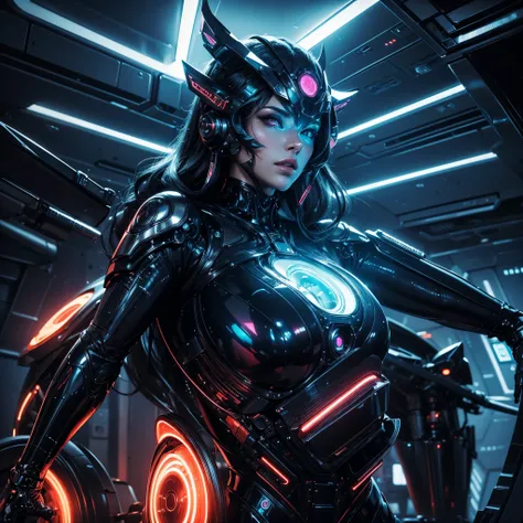 (best quality, highres, ultra-detailed, realistic:1.37), (portraits, sci-fi, photography), (neon colors, metallic tones), (subtle, futuristic) lighting, (3D rendering, concept art) 
A sexy hi tech android with obvious mechanical joints, backlit eyes, wide ...