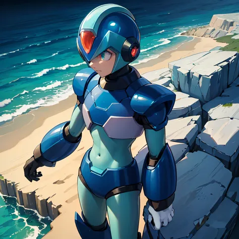 x_megamanx, solo, 1boy, male focus, helmet, android, blue armor, green eyes, masterpiece, high quality, arm cannon, overlooking ...