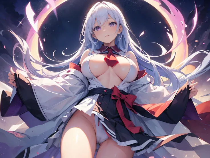 (night:1.7), east asian architecture, bend over，No leakage of big chest， shift dress, white color hair, 長い灰colorの髪, retreat, lip flap, purple eyes, , 1woman, comic strip,20-year-old,mature woman,beautiful fingers,beautiful length legs,beautiful body，cute n...