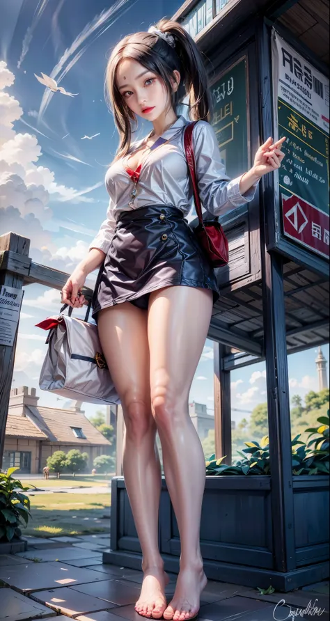 realistic, 1 women, best quality, 12k, HD, wear Allstars shoes, 1080p, long hair, big round breasts, cleavage, ponytail, necklace, jewelry, shorts, short jacket, slim hips, hair tie, yellow eyes, black hair, super detailed, Eye details, hair details, perso...