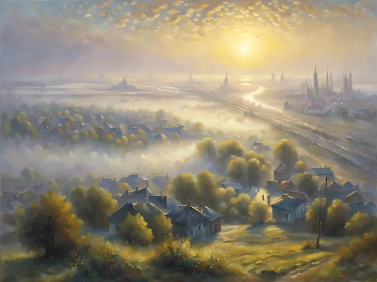 oil painting on canvas, early morning on the outskirts of the metropolis, the sun disappears over the horizon and sends the first rays of its gentle sun to the city, dispelling light fog and darkness, Hugh Douglas Hamilton, Alexey Savrasov, Fedor Vasiliev,...