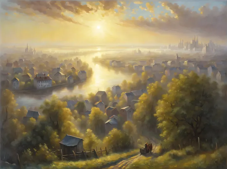 oil painting on canvas, early morning on the outskirts of the metropolis, the sun disappears over the horizon and sends the first rays of its gentle sun to the city, dispelling light fog and darkness, Hugh Douglas Hamilton, Alexey Savrasov, Fedor Vasiliev,...