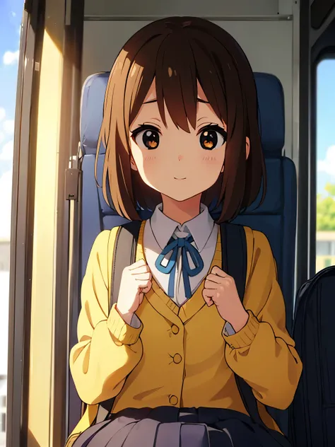 1girl, (((​masterpiece))), top-quality, top-quality, High Details, hirasawa yui, 1girl, Sakuragaoka High School Uniform, student clothes, two-yellow hairpin, short hair, A brown-haired, brown-eyed, 独奏, reddish, thin blue ribbon, Solid white buttoned shirt ...