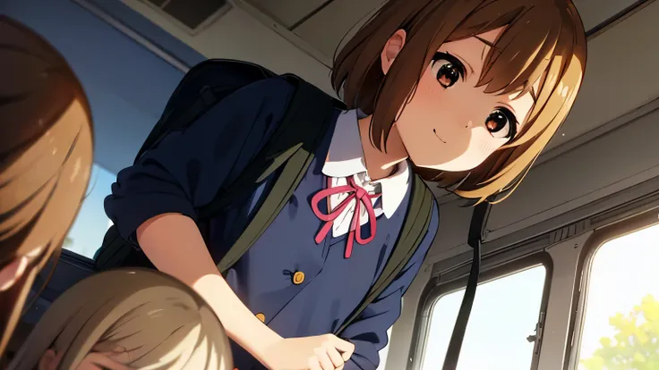 1girl, (((​masterpiece))), top-quality, top-quality, High Details, hirasawa yui, 1girl, Sakuragaoka High School Uniform, student clothes, two-yellow hairpin, short hair, A brown-haired, brown-eyed, 独奏, reddish, thin blue ribbon, Solid white buttoned shirt ...