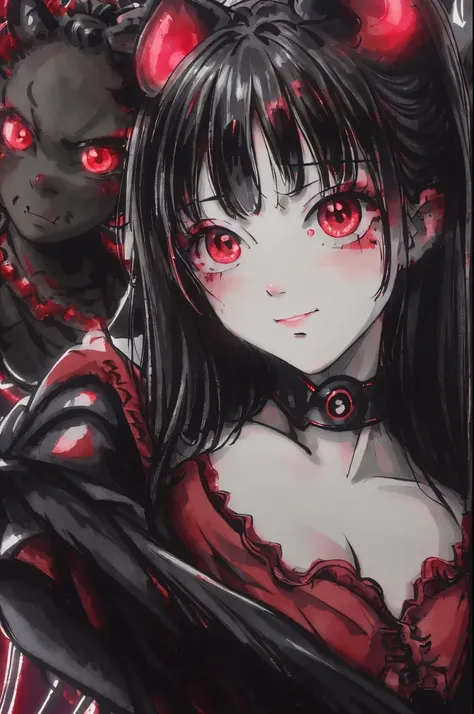 anime girl with red eyes and black hair in a dark room, gapmoe yandere grimdark, demon girl, with red glowing eyes, gapmoe yandere, demon anime girl, by Jin Homura, yandere, inspired by Jin Homura, with glowing red eyes, anime moe artstyle, evil smile and ...