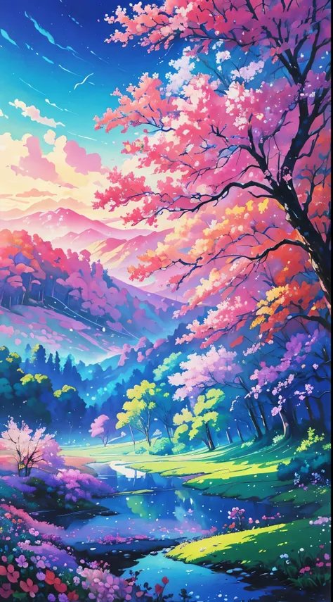 There is a painting of a colorful landscape with trees and flowers, vibrant gouache painting scenery, pintura de paisagem colorida, paisagem campestre anime, paisagem brilhante, scenic colorful environment, Jen Bartel, Paisagem do anime, arte de fundo do a...