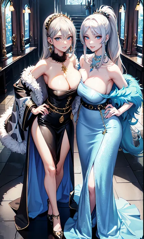 Noble Mansion,(gray hair：2.0),Slender high straight ponytail,gold headband,Standing close-up,dream world,Mature lady,(Slender blue phoenix eyes,lipstick,long eyelashes),long eyelashes,Contact lenses,gemstone gold necklace,(Off-shoulder blue fur dress,fur t...