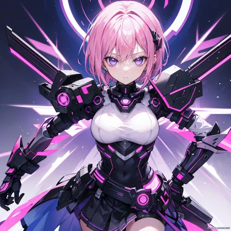 pink hair，purple eyes，short hair，sister head，Black hairpin，earring，High-tech armor，There is a skirt ，Technology elements，Knife in hand，wearing a mask，The background is blue sky