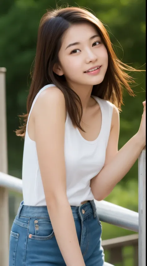 asian beautiful young lady wearing jeans and white tanktop posing on a railing, in the style of xiaofei yue, 32k uhd, eiichiro oda, miki asai, light orange and dark beige, detailed facial features, subtle color variations