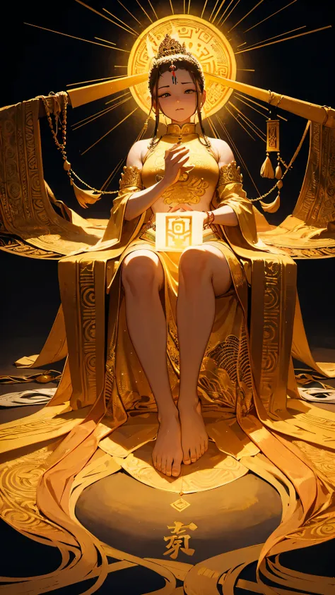 Women Buddha Emperors clothes, emperors Buddha, Image of Buddhas palm in the background , elegant, many Dao magic runes in the area effect, golden floor with Dao pattern drawings, One thousand Buddha Palm.HD lighting and dark )<=(epic image quality)dark at...