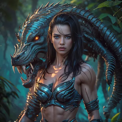 1 female alien, The predator, warrior, (extremely beautiful:1.2), (intense gaze:1.4), (predator:1.1), long dark claws, NSFW,  nipples, thick eyebrows, glowing and shining sky blue eyes, the most beautiful face in the universe, black hair,

A woman with an ...