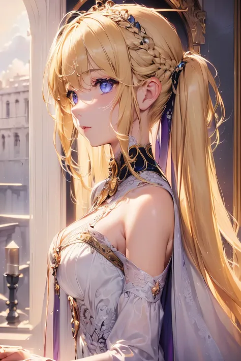 1girl,sense of deps,disorganized,catch light,super beautiful illustrations,(((beautiful blonde,two side up hairstyle:1.3))),;D,beautiful and delicate flowing hair,Delicate and detailed purple eyes:1.2,purple clothes,emphasized chest