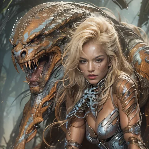 1 female alien, The predator, warrior, (extremely beautiful:1.2), (intense gaze:1.6), (predator:1.6), long dark claws, NSFW,  nipples, thick eyebrows, glowing and shining orange eyes, the most beautiful face in the universe, silver blonde hair,
A woman wit...