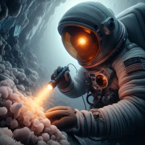 astronaut in a space suit with a flashlight in his hand, sci-fi illustrations, sci - fi illustrations, beeple and tim hildebrandt, beeple artwork, an astronaut is under the sea, beeple daily art, realism | beeple, beeple and mike winkelmann, beeple art, by...