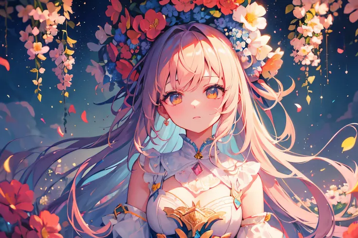 Create a high-quality illustration of a beautiful girl gazing up at the sky adorned with a colorful flurry of flowers, set against the backdrop of a flower festival. Infuse the artwork with a nostalgic and fantastical ambiance, paying meticulous attention ...