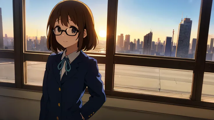 1girl, (((​masterpiece))), top-quality, top-quality, High Details, Hirasawa Yui, 1girl, Sakuragaoka High School Uniform, student clothes, two yellow hairpin, short hair, A brown-haired, brown-eyed, glasses, 独奏, reddish, Dark blue blazer with thin blue ribb...