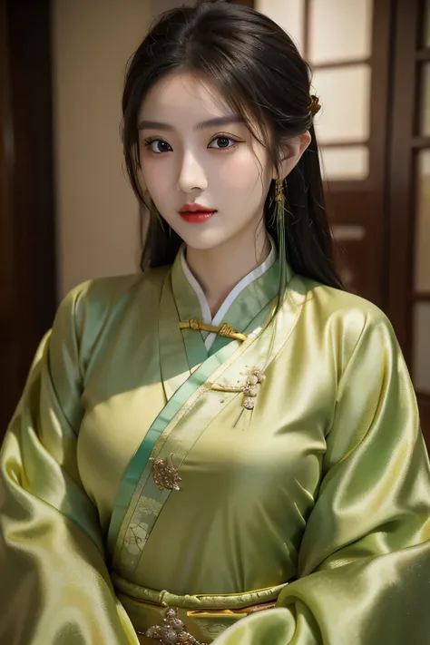 (close up，close up乳沟：1.2)， Arakfi Asian woman，Wearing a green and gold dress, External,hot spring ， girl wearing hanfu, Hanfu, cheongsam, Paired with ancient Chinese costumes, traditional beauty, Chinese traditional clothing, Wearing ancient Chinese clothi...