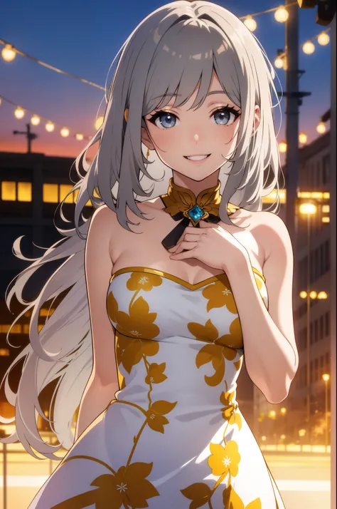 realistic, Golden hour lighting, idol costume, (Upper body), (Charming: 1), (alternative hair style:1.2),(gray hair color), ((Puffy eyes)), Facing forward, Smiling, Laughing,Middle chest, wink