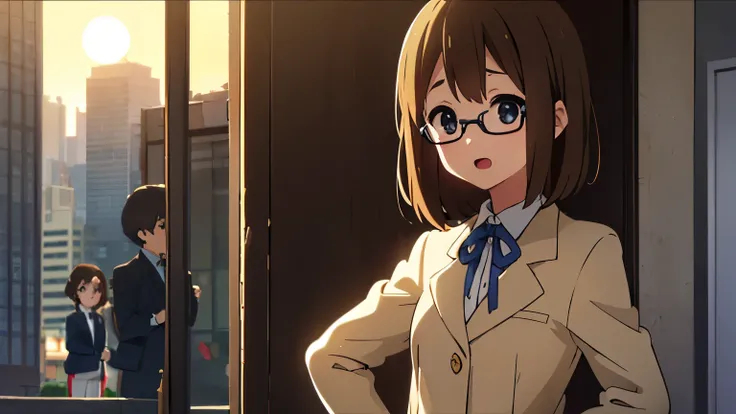 1girl, (((​masterpiece))), top-quality, top-quality, High Details, Hirasawa Yui, 1girl, Sakuragaoka High School Uniform, student clothes, two yellow hairpin, short hair, A brown-haired, brown-eyed, glasses, 独奏, reddish, Dark blue blazer with thin blue ribb...