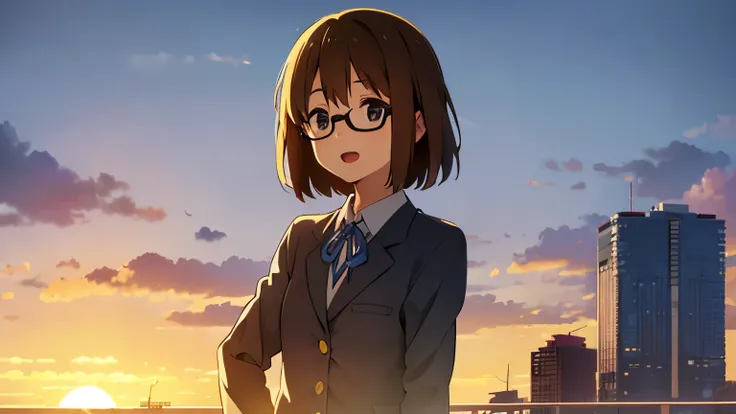 1girl, (((​masterpiece))), top-quality, top-quality, High Details, Hirasawa Yui, 1girl, Sakuragaoka High School Uniform, student clothes, two yellow hairpin, short hair, A brown-haired, brown-eyed, glasses, 独奏, reddish, Dark blue blazer with thin blue ribb...