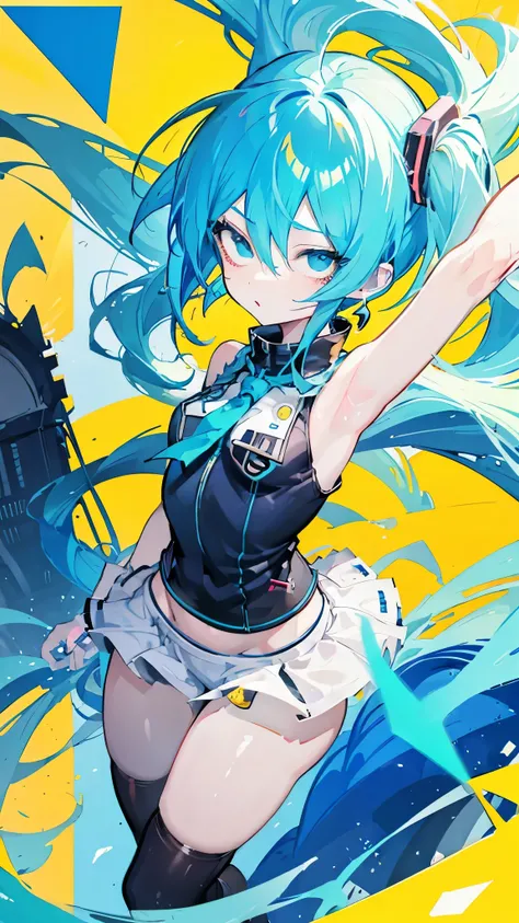 Close up of cartoon girl with blue hair and yellow shirt, 2D anime, 2D anime style, 2D art, 2D art, 2D from Gorillaz, 2D from Gorillaz, 2D Gorillaz, Screaming Cerket, 2D sprite, Jinx Face,earrings, short hair