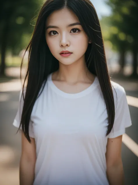 white t-shirt, adorable,Hail33, 18yo(1.0),(subsurface scattering:1.1),sharp focus,award-winning photograph,professional portrait photography,RAW photography (very detailed background:1.2),(fantasy:0), dramatic lighting, full body portrait, standing, full b...